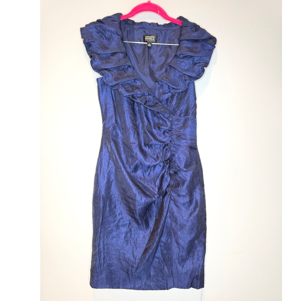 Adrianna Papell Boutique Navy Blue Metallic Ruffle Collar Cocktail Dress 6 - Picture 2 of 9